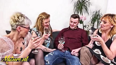 Horny grannies share lucky guy's cock in Mature NL reverse gangbang