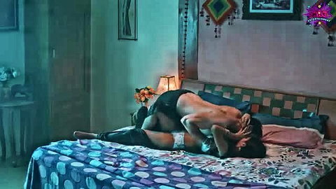 Indian couple intense missionary sex on bed, woman in stockings