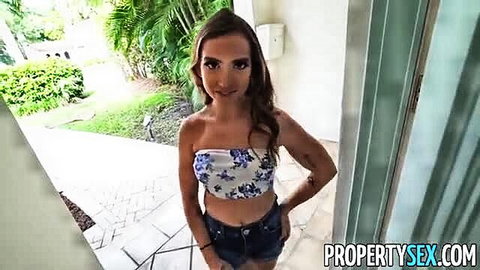 Bailey Base in tiny denim shorts and tube top at door, hot outdoor tease