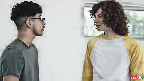 Curly-haired young studs face off in Milfed threesome with Natasha Nice & London River