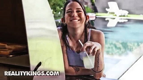 Hailey Rose smiling with drink by pool in bikini, Reality Kings