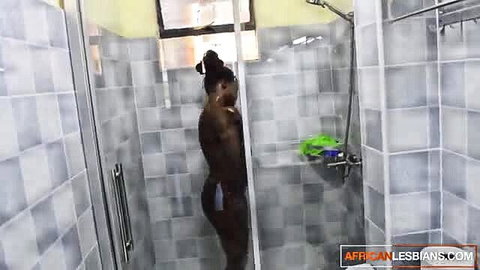 Black lesbian showers nude, thick ass and curves in steamy bathroom