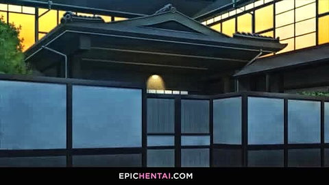 Naughty Japanese maid at traditional house entrance sunset
