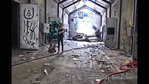 Lady Sonia naked at old factory, curvy milf in ruined warehouse