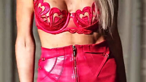 Anouk in sexy red heart lingerie and leather skirt