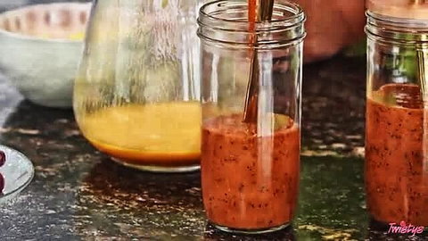 Leah Gotti and Nicole It pouring colorful sauces in lesbian yoga tease