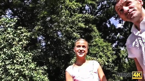 Blonde Hunt4K girl smiles with man in park, cuckold watches girlfriend fucked