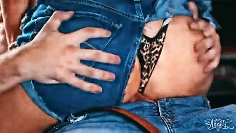Not Bucking's ripped jeans exposing leopard thong, grabbed ass in hot Trans Angels scene