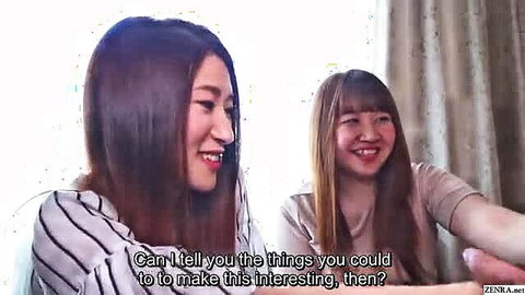 Two Japanese young mothers smiling in CFNM showcase, striped top and bangs