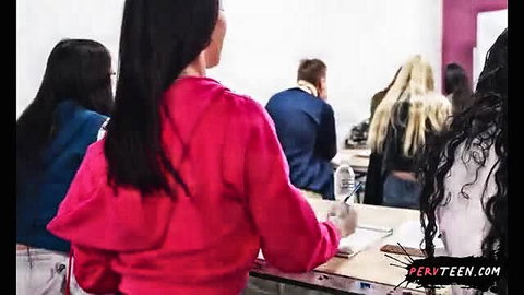 Asian college girls in hoodies at classroom desk, pervy teen group