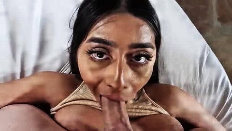 Indian beauty in lingerie sucks fingers POV closeup tease