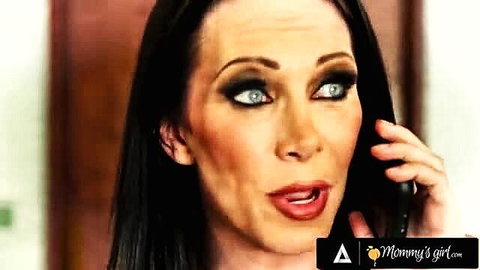 Hot brunette MILF with bold makeup on phone call, seductive expression