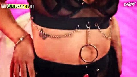 Asian babe in sheer lingerie with navel ring and chains, sexy belly tease