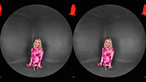 Blonde bombshell in pink lingerie poses seductively in VR split-view