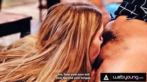 Blonde teen girl facesitting on guy, licking pussy from nose to tongue closeup