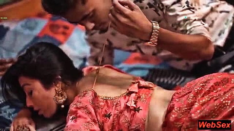Indian beauty in red saree blouse, man groping from behind, steamy desi scene