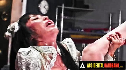 Asian woman in lace dress gripped in arm intense orgasm closeup