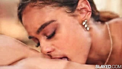 Mixed-race beauty with doe eyes deepthroating cock closeup