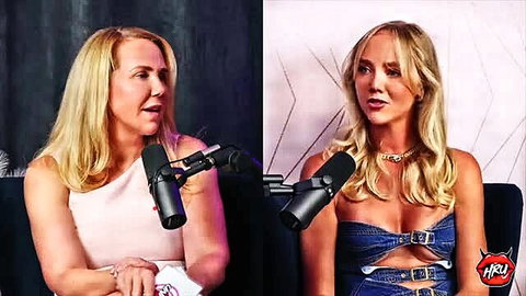 Blonde MILF boss and nerd in podcast interview, big tits tease