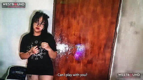 Cute Asian goth girl with twintails and glasses teases in tiny black top and shorts