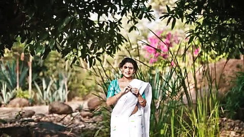 Resmi R Nair in white saree, smiling in lush garden