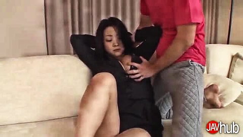 Minako groped by man on couch in JAV, hairy pussy tease