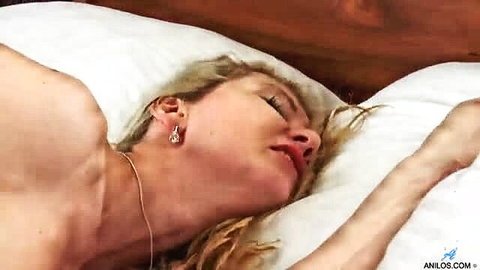 Blonde Foxy Love nude asleep on bed, mature solo tease