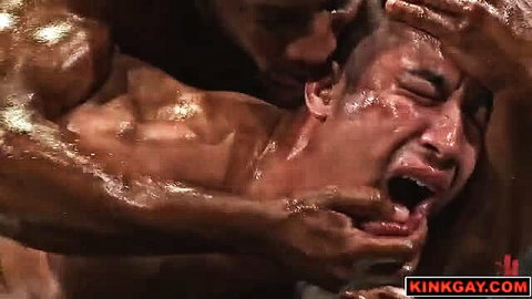 Muscular Asian loses naked wrestling match, fucked hard by black winner