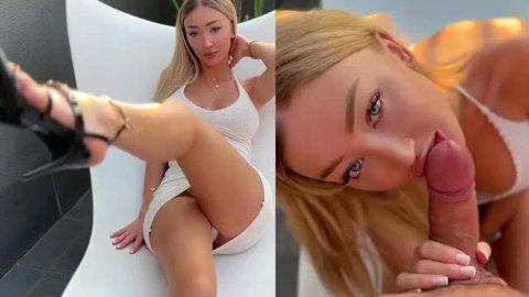 Blonde babe in white dress sucks thick cock closeup, legs spread teasing pussy