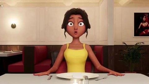 Busty black waitress in yellow dress at restaurant table