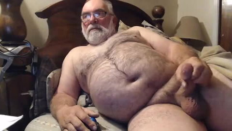 Hairy mature bear daddy solo masturbating on bed