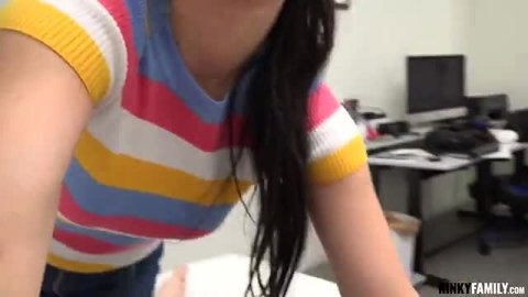 Alina Lopez in striped crop top, wet hair, teasing in office