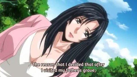Chesty black-haired anime hentai girl in pink cardigan after father's grave visit
