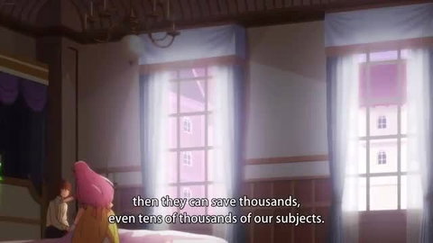 Pink-haired anime princess in elegant dress talks in fantasy hentai scene