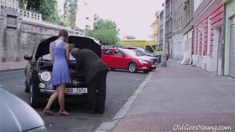 Young Marisa in dress gets car help from old man - OldGoesYoung