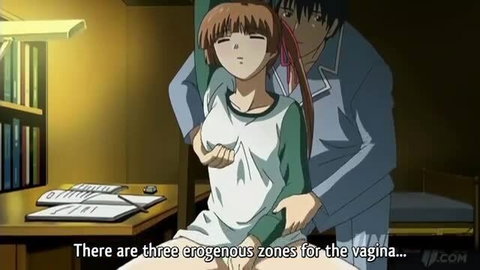 Anime step-sis masturbation lesson: guy groping perky tits in tight white shirt