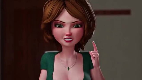Angry hentai mom with huge cleavage points sternly in green top