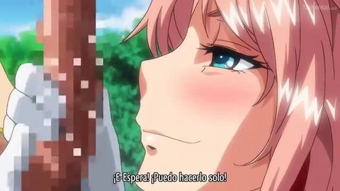 Busty pink-haired anime hentai girl with big blue eyes blushing cutely