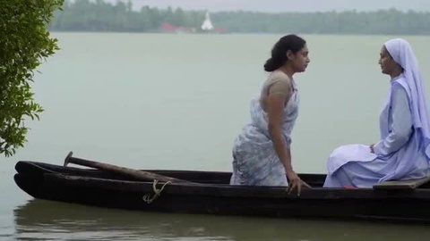 Janaki in sheer saree on boat with nun, Kerala backwaters nude scene