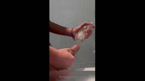 Stella Francis strokes big shemale cock closeup in shower masturbation
