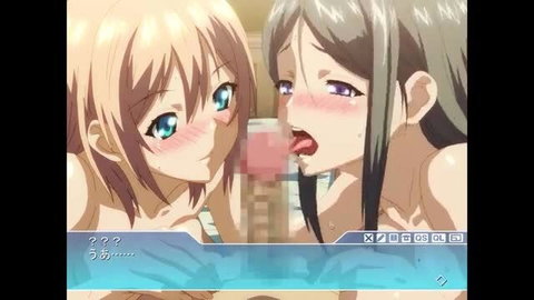 Two busty anime girls with blonde and gray hair in close-up yuri kiss