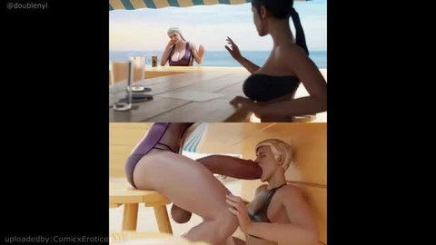 Hot busty futanari women in lesbian sex at beach resort