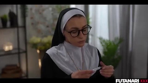Josephine Jackson as sexy nun in glasses holding object, futanari tease