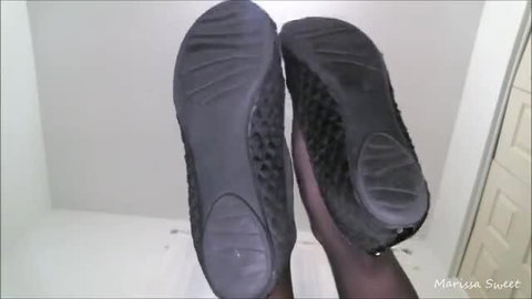 Marissa Sweet's black ballet flats soles in nylons upskirt tease