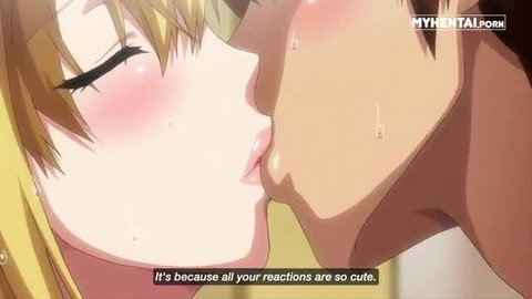 Blonde anime girl kisses tan guy passionately, cute hentai blush