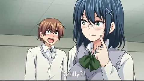 Anime JAV blue-haired big tits schoolgirl teases shy boy