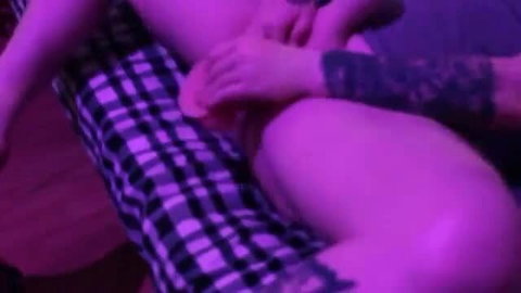 Intersexed hermaphrodite with tattooed arms fingering pussy on plaid pants