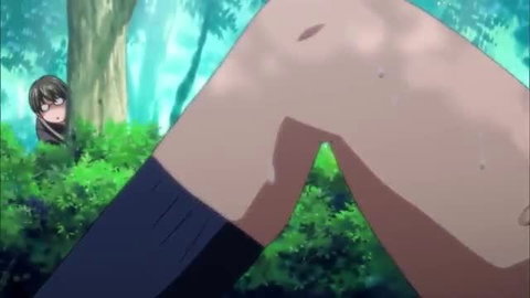 Anime hentai girl in stockings spies on boy in forest, nerdy classmate tease