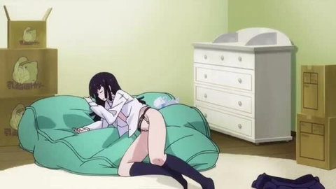 Black-haired anime virgin girl masturbates in skirt and stockings