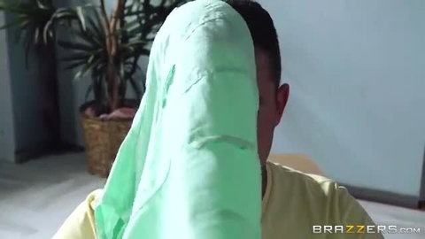 Nina Elle gives handjob with big tits in green towel wrap